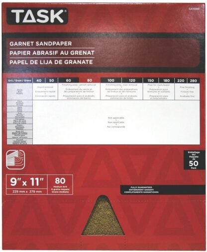 Task GA11080 Sandpaper, 11 in L, 9 in W, Medium, 80 Grit, Garnet Abrasive Sells in Quantity of 50