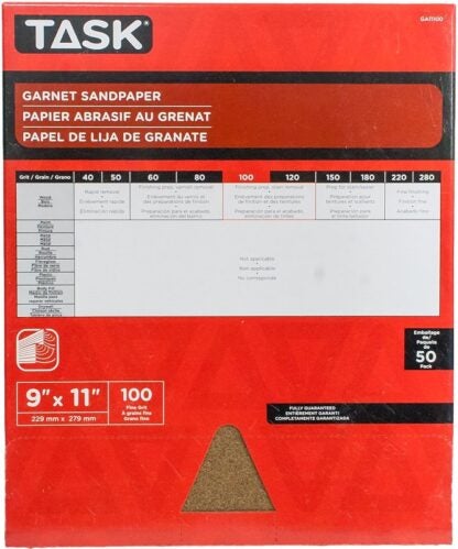 Task GA11100 Sandpaper, 11 in L, 9 in W, Fine, 100 Grit, Garnet Abrasive Sells in Quantity of 50