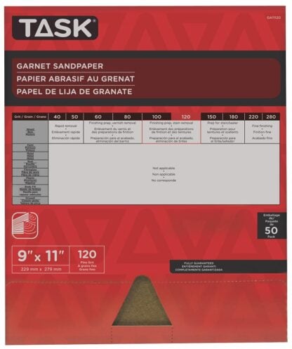 Task GA11120 Sandpaper, 11 in L, 9 in W, Fine, 120 Grit, Garnet Abrasive Sells in Quantity of 50