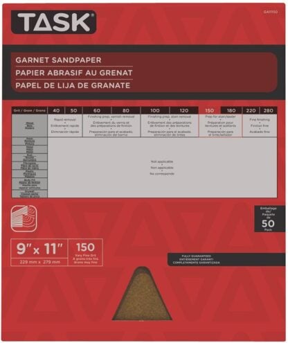 Task GA11150 Sandpaper, 11 in L, 9 in W, Very Fine, 150 Grit, Garnet Abrasive Sells in Quantity of 50