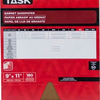 Task GA11180 Sandpaper, 11 in L, 9 in W, Very Fine, 180 Grit, Garnet Abrasive Sells in Quantity of 50