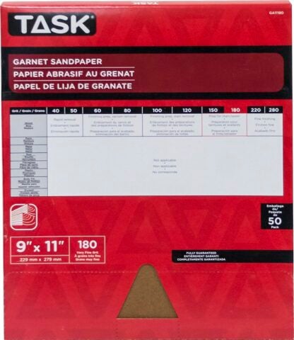 Task GA11180 Sandpaper, 11 in L, 9 in W, Very Fine, 180 Grit, Garnet Abrasive Sells in Quantity of 50