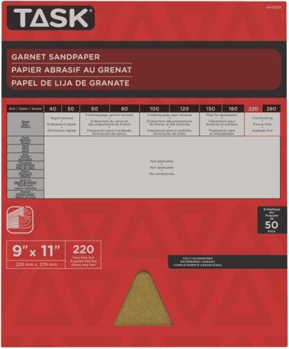 Task GA11220 Sandpaper, 11 in L, 9 in W, Very Fine, 220 Grit, Garnet Abrasive Sells in Quantity of 50