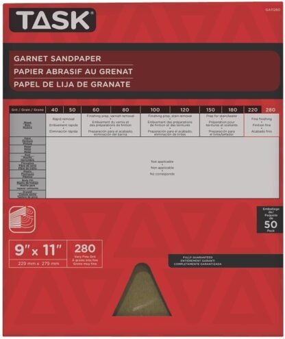 Task GA11280 Sandpaper, 11 in L, 9 in W, Very Fine, 280 Grit, Garnet Abrasive Sells in Quantity of 50