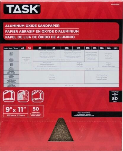 Task PAO15050 Sandpaper, 11 in L, 9 in W, Coarse, 50 Grit, Aluminum Oxide Abrasive, Paper Backing Sells in Quantity of 50