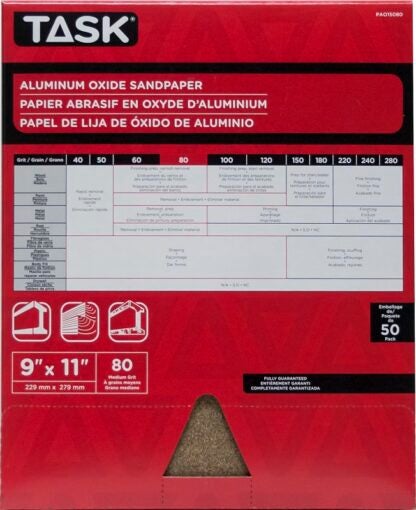 Task PAO15080 Sandpaper, 11 in L, 9 in W, Medium, 80 Grit, Aluminum Oxide Abrasive, Paper Backing Sells in Quantity of 50