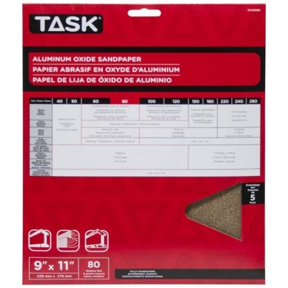 Task PA15080 Sandpaper, 11 in L, 9 in W, Medium, 80 Grit, Aluminum Oxide Abrasive, Paper Backing, 3/PK