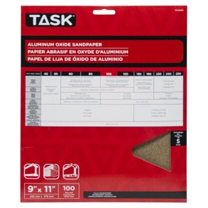 Task PA15100 Sandpaper, 11 in L, 9 in W, Fine, 100 Grit, Aluminum Oxide Abrasive, Paper Backing