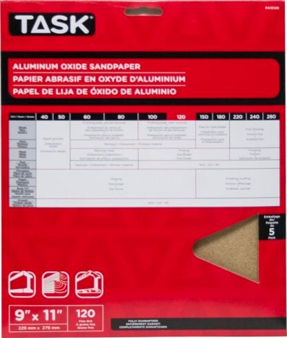 Task PA15120 Sandpaper, 11 in L, 9 in W, Fine, 120 Grit, Aluminum Oxide Abrasive, Paper Backing