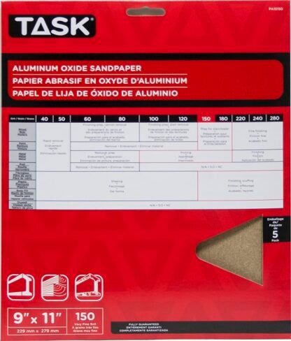 Task PREMIUM Series PA15150 Sandpaper, 11 in L, 9 in W, Very Fine, 150 Grit, Aluminum Oxide Abrasive, Paper Backing