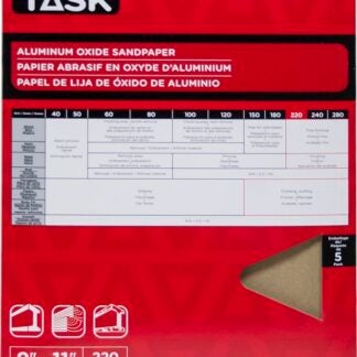 Task PA15220 Sandpaper, 11 in L, 9 in W, Very Fine, 220 Grit, Aluminum Oxide Abrasive, Paper Backing, 5/PK