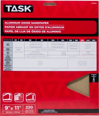 Task PA15220 Sandpaper, 11 in L, 9 in W, Very Fine, 220 Grit, Aluminum Oxide Abrasive, Paper Backing, 5/PK