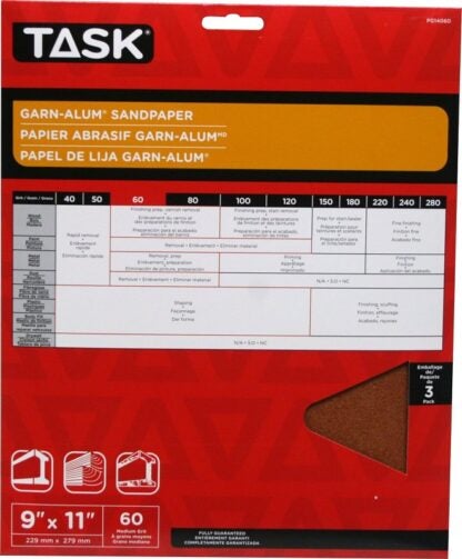 Task Garn-Alum Series PG14060 Sandpaper, 11 in L, 9 in W, Medium, 60 Grit, Aluminum Oxide Abrasive, Kraft Paper Backing, 3/PK