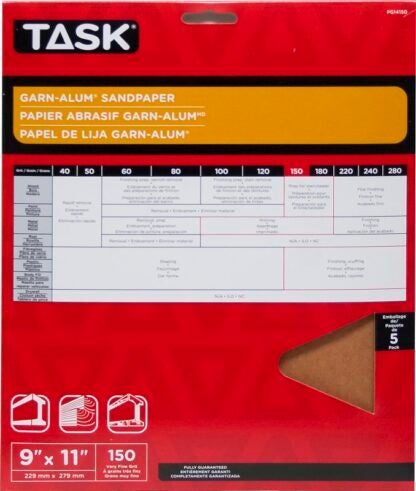 Task Garn-Alum Series PG14150 Sandpaper, 11 in L, 9 in W, Very Fine, 150 Grit, Aluminum Oxide Abrasive, 5/PK