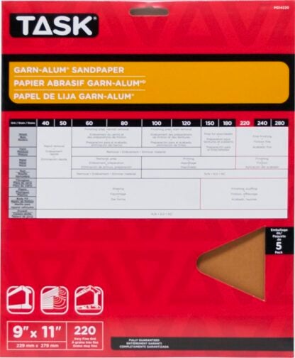 Task Garn-Alum Series PG14220 Sandpaper, 11 in L, 9 in W, Very Fine, 220 Grit, Aluminum Oxide Abrasive, 5/PK