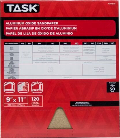 Task PREMIUM Series PAO15120 Sandpaper, 11 in L, 9 in W, Fine, 120 Grit, Aluminum Oxide Abrasive, Paper Backing Sells in Quantity of 50