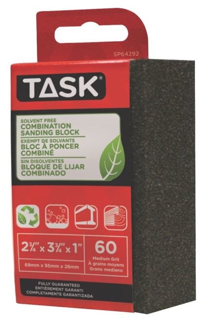 Task Eco Series SP64292 Sanding Block, 3-3/4 in L, 2-3/4 in W, 60 Grit, Medium