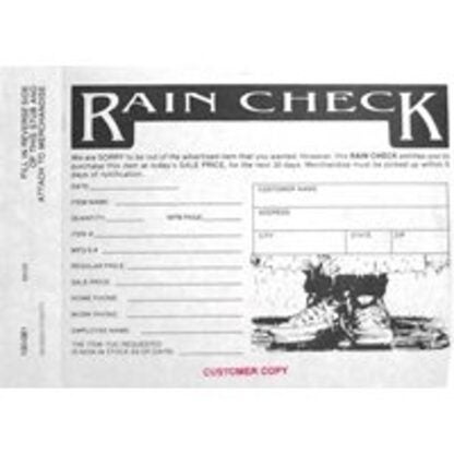 Centurion 100081 Rain Check Form, 3-Sheet, Tan/White/Yellow Sheet