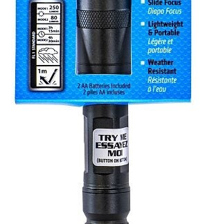 Dorcy 41-4117 Flashlight, AA Battery, Alkaline Battery, 250 Lumens High, 80 Lumens Low Lumens, Spot Beam, Black