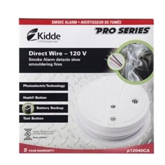 Kidde PPE120CA Smoke Alarm, 10 ft, LED Display, 85 dB, Alarm: Audio, Photoelectric Sensor, White