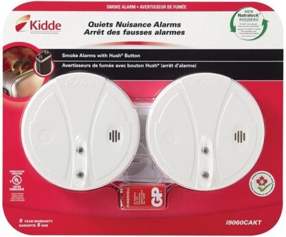 Kidde 0916CAKT Smoke Alarm, 10 ft, LED Display, 85 dB, Alarm: Audio, Ionization Sensor, Twist Mounting, White