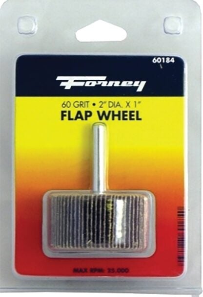 Forney 60184 Flap Wheel, 2 in Dia, 1 in Thick, 1/4 in Arbor, 60 Grit, Aluminum Oxide Abrasive