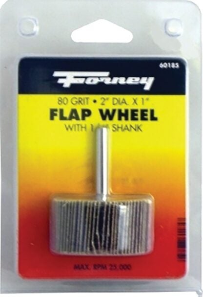 Forney 60185 Flap Wheel, 2 in Dia, 1 in Thick, 1/4 in Arbor, 80 Grit, Aluminum Oxide Abrasive