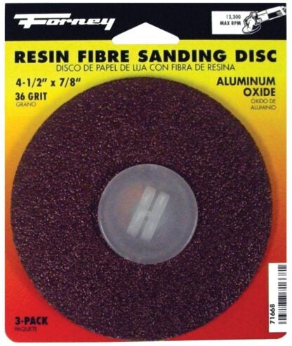 Forney 71668 Sanding Disc, 4-1/2 in Dia, 7/8 in Arbor, Coated, 36 Grit, Extra Coarse, Aluminum Oxide Abrasive