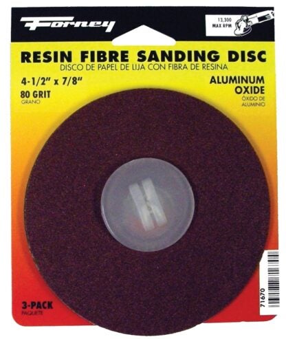 Forney 71670 Sanding Disc, 4-1/2 in Dia, 7/8 in Arbor, Coated, 80 Grit, Medium, Aluminum Oxide Abrasive