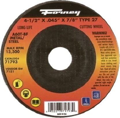 Forney 71793 Cut-Off Wheel, 4-1/2 in Dia, 0.045 in Thick, 7/8 in Arbor, 60 Grit, Medium, Aluminum Oxide Abrasive