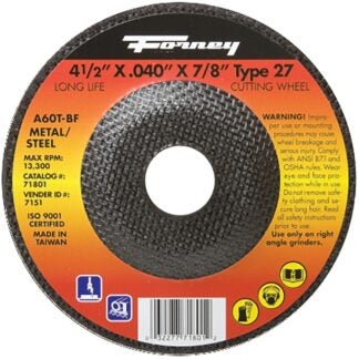 Forney 71801 Cut-Off Wheel, 4-1/2 in Dia, 0.04 in Thick, 7/8 in Arbor, 60 Grit, Medium, Aluminum Oxide Abrasive