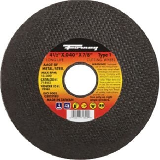 Forney 71802 Cut-Off Wheel, 4-1/2 in Dia, 0.04 in Thick, 7/8 in Arbor, 60 Grit, Medium, Aluminum Oxide Abrasive