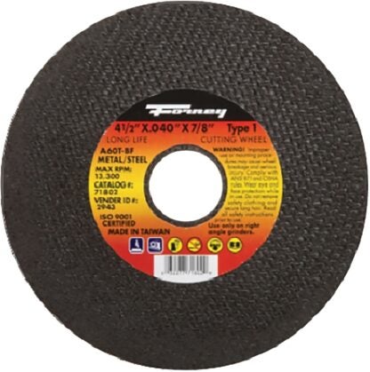 Forney 71802 Cut-Off Wheel, 4-1/2 in Dia, 0.04 in Thick, 7/8 in Arbor, 60 Grit, Medium, Aluminum Oxide Abrasive