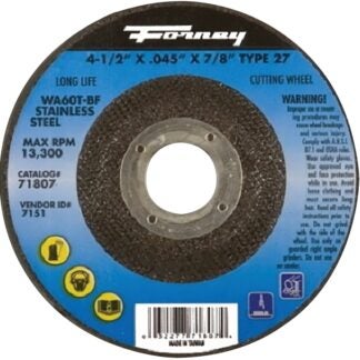 Forney 71807 Cut-Off Wheel, 4-1/2 in Dia, 0.045 in Thick, 7/8 in Arbor, 46 Grit, Medium, Aluminum Oxide Abrasive