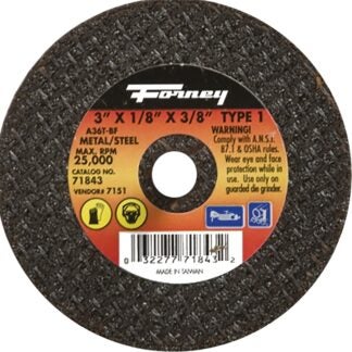 Forney 71843 Cut-Off Wheel, 3 in Dia, 1/8 in Thick, 3/8 in Arbor, 36 Grit, Medium, Aluminum Oxide Abrasive