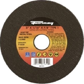 Forney 71850 Cut-Off Wheel, 5 in Dia, 1/16 in Thick, 7/8 in Arbor, 46 Grit, Medium, Aluminum Oxide Abrasive