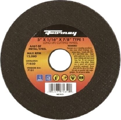 Forney 71850 Cut-Off Wheel, 5 in Dia, 1/16 in Thick, 7/8 in Arbor, 46 Grit, Medium, Aluminum Oxide Abrasive