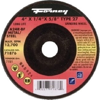 Forney 71876 Grinding Wheel, 4 in Dia, 1/4 in Thick, 5/8 in Arbor, 24 Grit, Coarse, Aluminum Oxide Abrasive