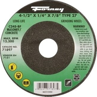 Forney 71897 Grinding Wheel, 4-1/2 in Dia, 1/4 in Thick, 7/8 in Arbor, 24 Grit, Coarse, Silicone Carbide Abrasive