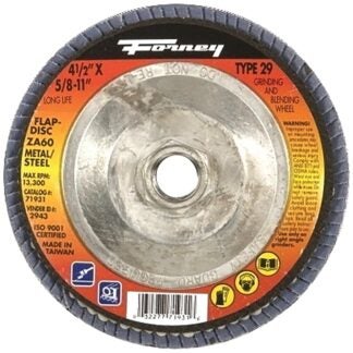 Forney 71931 Flap Disc, 4-1/2 in Dia, 5/8-11 Arbor, 60 Grit, Medium, Zirconia Aluminum Abrasive