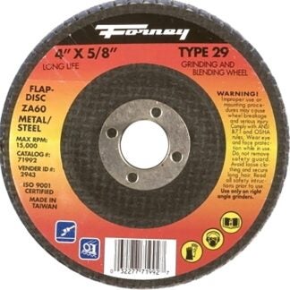 Forney 71992 Flap Disc, 4 in Dia, 5/8 in Arbor, 60 Grit, Medium, Zirconia Aluminum Abrasive, Fiberglass Backing