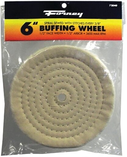 Forney 72040 Buffing Wheel, 6 in Dia, 1/2 in Thick, 1/2 in Arbor, Cotton