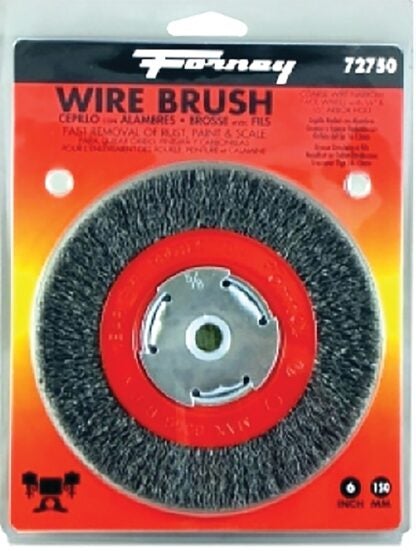 Forney 72750 Wire Bench Wheel Brush, 6 in Dia, 1/2 to 5/8 in Arbor/Shank, 0.014 in Dia Bristle