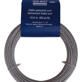 Ben-Mor 83044 Aircraft Cable, 3/16 in Dia, 50 ft L, 4200 lb Working Load, Carbon Steel, Galvanized