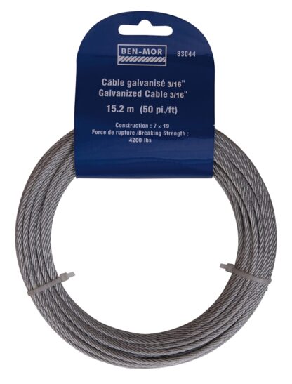 Ben-Mor 83044 Aircraft Cable, 3/16 in Dia, 50 ft L, 4200 lb Working Load, Carbon Steel, Galvanized