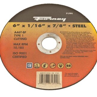 Forney 71791 Cut-Off Wheel, 6 in Dia, 1/16 in Thick, 7/8 in Arbor, 50 Grit, Coarse, Aluminum Oxide Abrasive