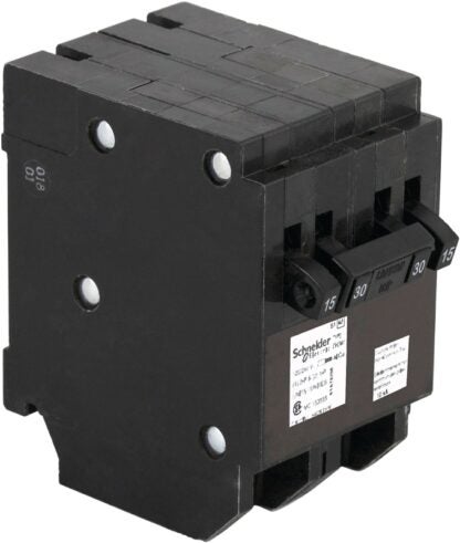 Square D Homeline CHOMT1515230 Circuit Breaker, Mini, Quad, 15, 30 A, 3 -Pole, 120/240 VAC, Common Trip, Black