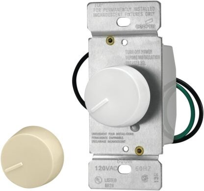 Eaton Wiring Devices RI061-VW-K2-L Rotary Dimmer, 120 V, Incandescent Lamp, 3-Way, Ivory/White