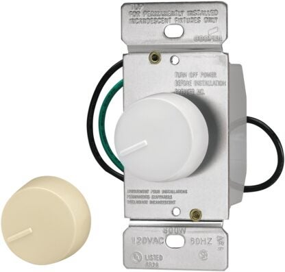 Eaton Wiring Devices RI06P-VW-K2-L Rotary Dimmer, 120 V, Incandescent Lamp, 3-Way, Ivory/White