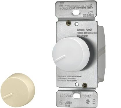 Eaton Wiring Devices RI306P-VW-K2-L Rotary Dimmer, 120 V, Incandescent Lamp, 3-Way, Ivory/White